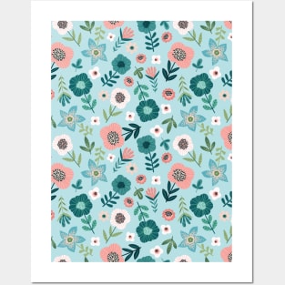 Botanical Pink And Blue Spring Garden Floral Posters and Art